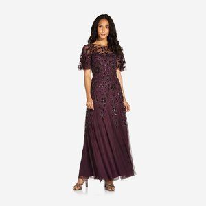 New With Tags - LONG FLORAL BEADED GOWN WITH FLUTTER SLEEVES IN NIGHT PLUM